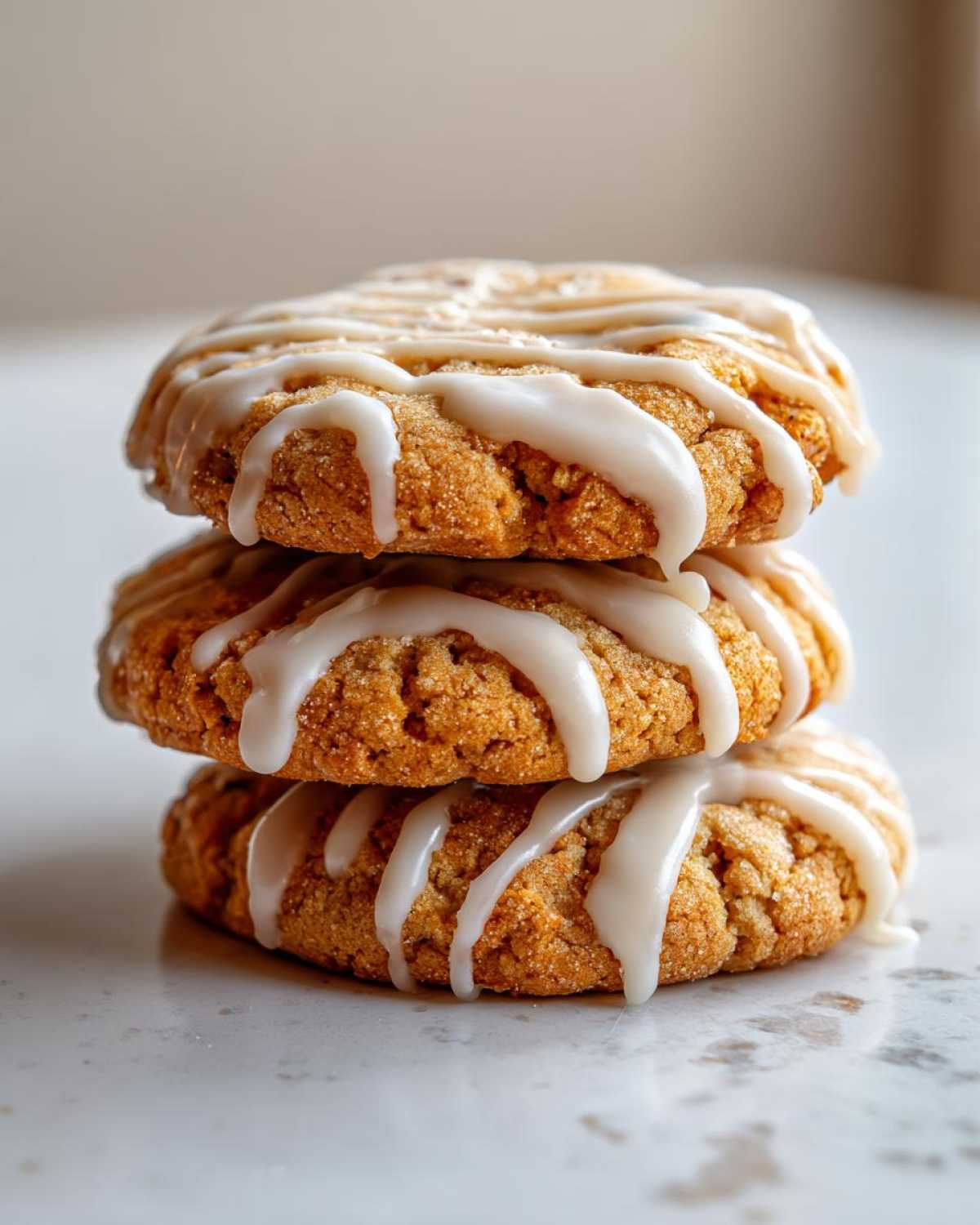 Three soft maple brown sugar cookies stacked vertically, drizzled generously with white vanilla icing.