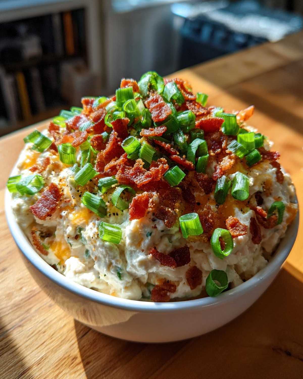 A bowl of creamy Million Dollar Dip generously topped with crispy bacon bits and fresh green onions.
