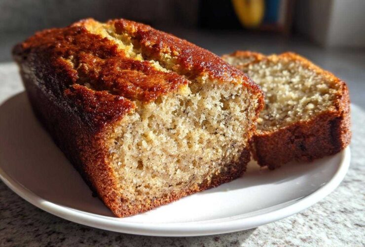 A close-up of a moist banana bread loaf with one slice cut, showing the tender crumb texture.