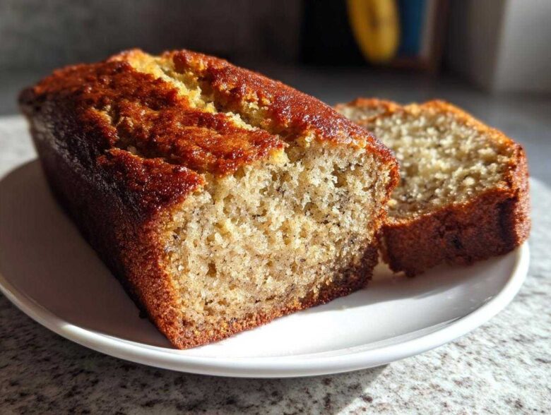 A close-up of a moist banana bread loaf with one slice cut, showing the tender crumb texture.