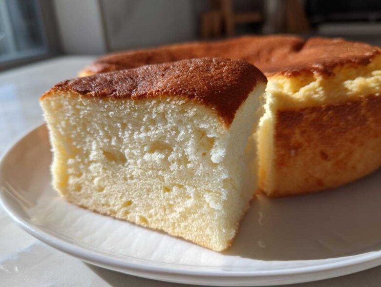 Close-up of a slice of moist, fluffy condensed milk cake with a golden brown top, sitting on a white plate.