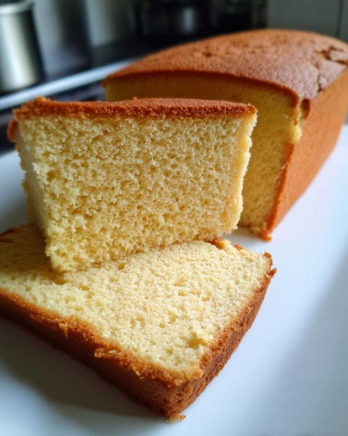 Close-up of moist, golden slices cut from a loaf of condensed milk cake showing the fine crumb texture.