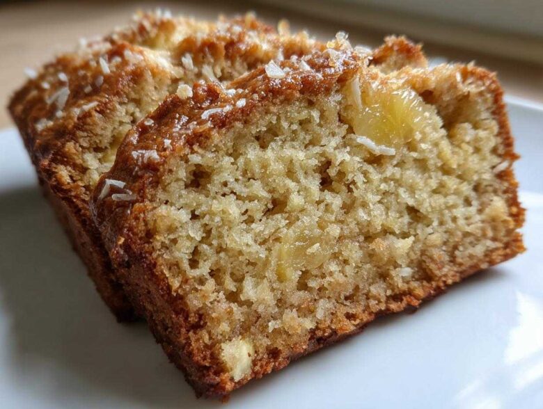 Close-up of two moist slices of hawaiian banana bread, showing the crumb texture and coconut topping.