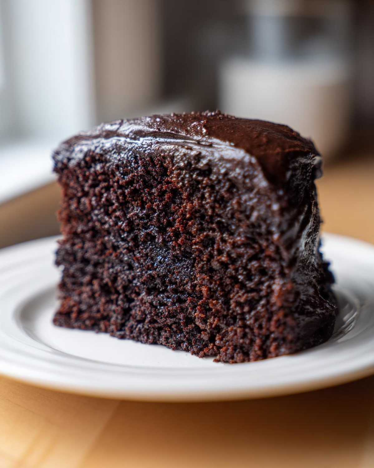 Close-up of a thick slice of moist homemade chocolate cake topped with rich, glossy chocolate frosting.