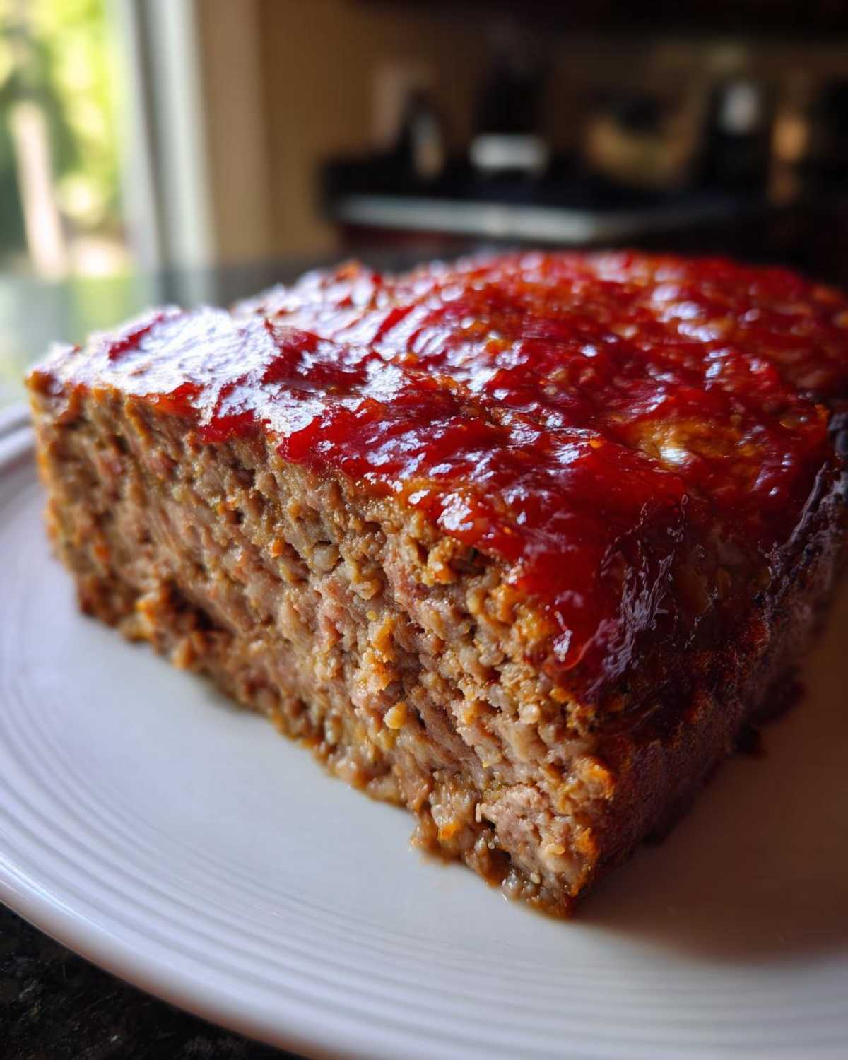 A thick, moist slice of homemade meatloaf topped with a shiny red glaze, served on a white plate.