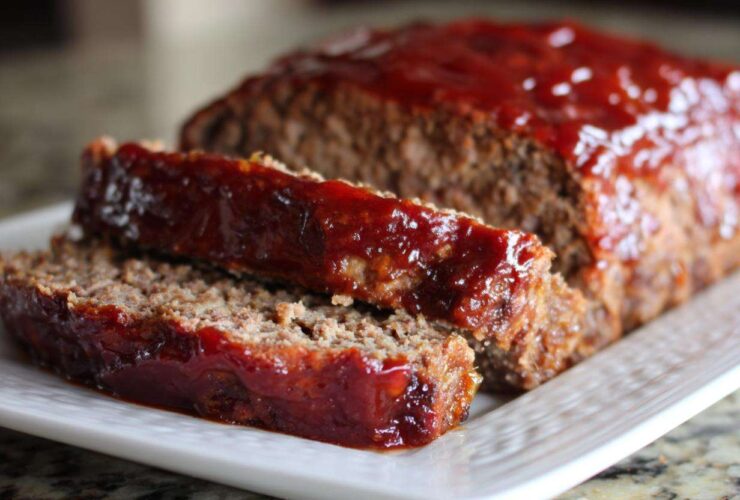 Close-up of a moist meatloaf, sliced and covered in a shiny, thick red glaze.