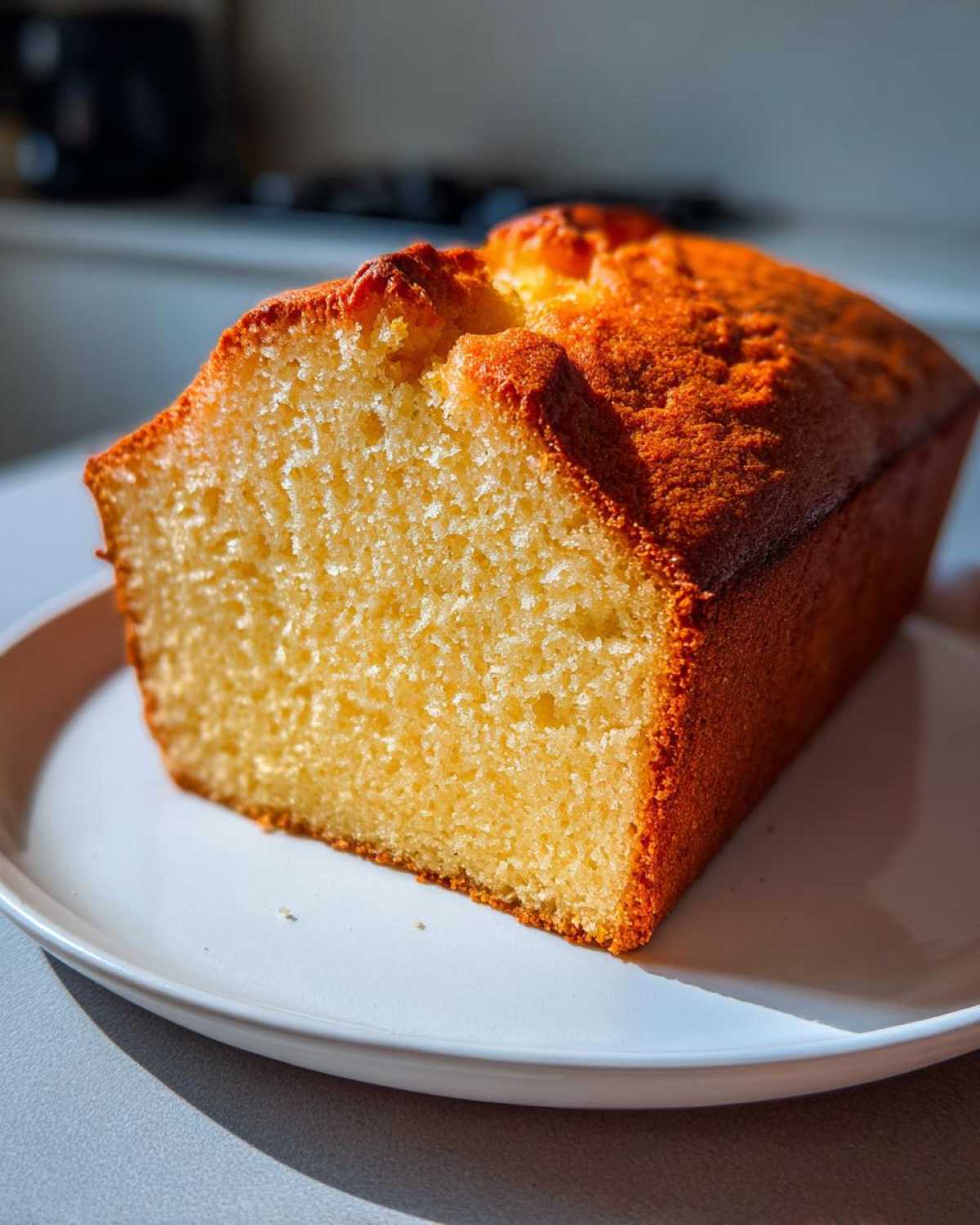 A close-up of a thick slice of moist banana bread showing its golden crumb and crust.