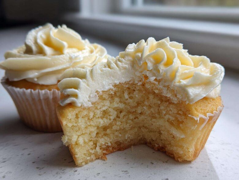 Close-up of a vanilla cupcake cut in half showing the moist crumb texture and rich vanilla frosting.