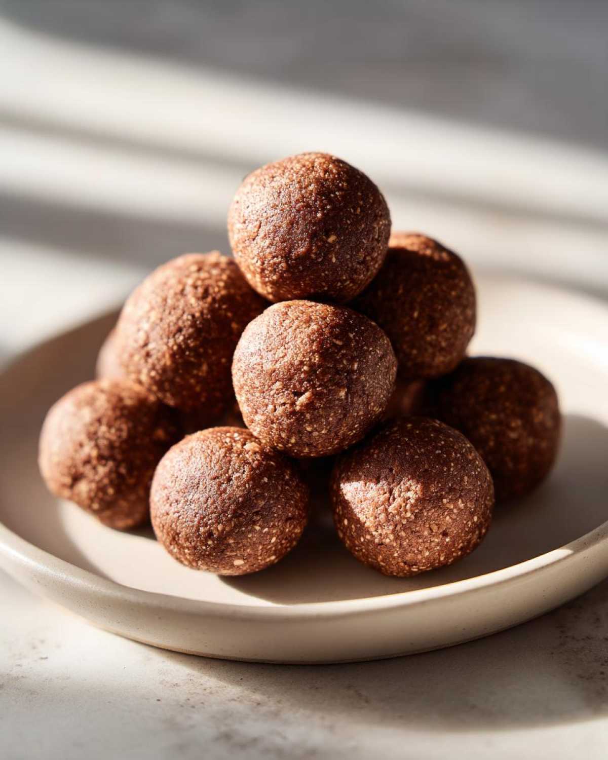 A stack of rich, dark brown no-bake protein balls piled high on a light ceramic plate.