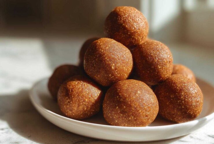 A stack of golden brown, textured no-bake protein balls piled high on a white plate.