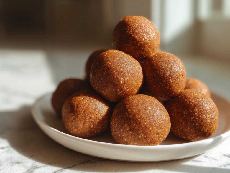 A stack of golden brown, textured no-bake protein balls piled high on a white plate.