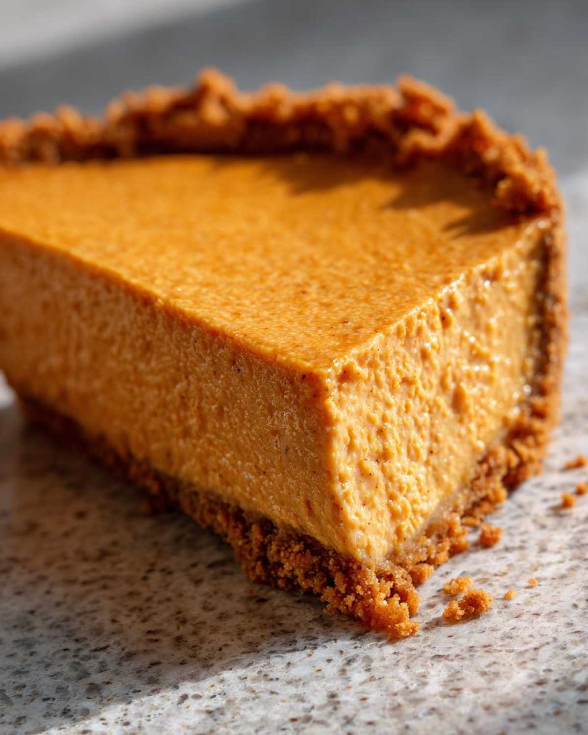 Close-up of a thick slice of no bake pumpkin pie showing the smooth orange filling and crumbly graham cracker crust.