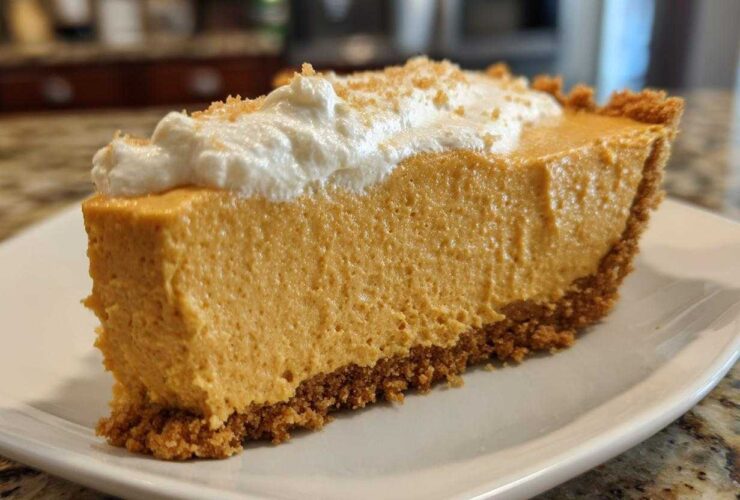 Close-up of a thick slice of creamy no bake pumpkin pie on a white plate, topped with whipped cream.