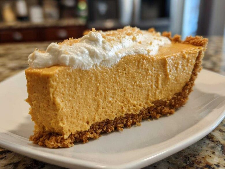 Close-up of a thick slice of creamy no bake pumpkin pie on a white plate, topped with whipped cream.