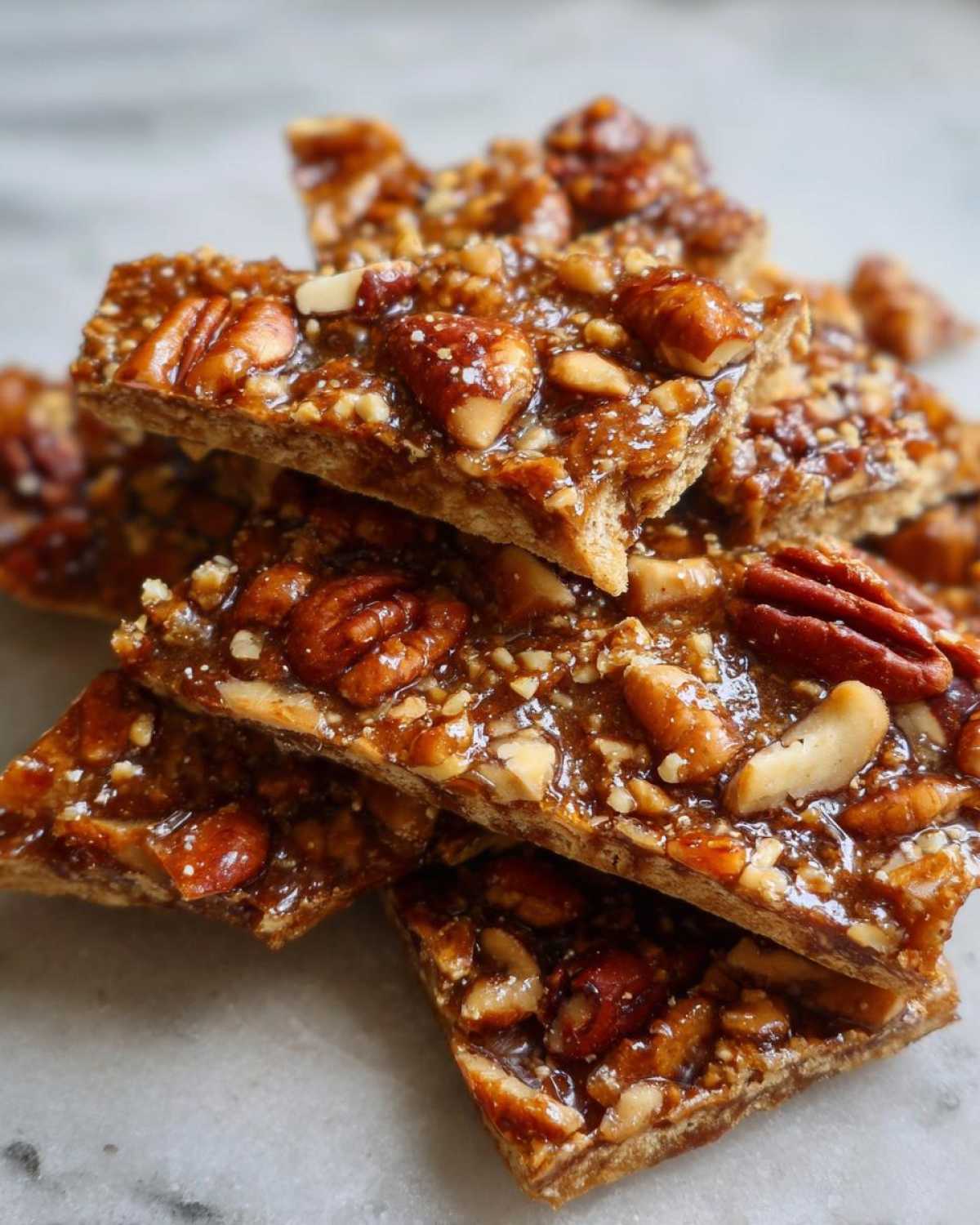 Close-up stack of crunchy Pecan Pie Bark pieces, featuring whole pecans and chopped nuts in a glossy caramel coating.
