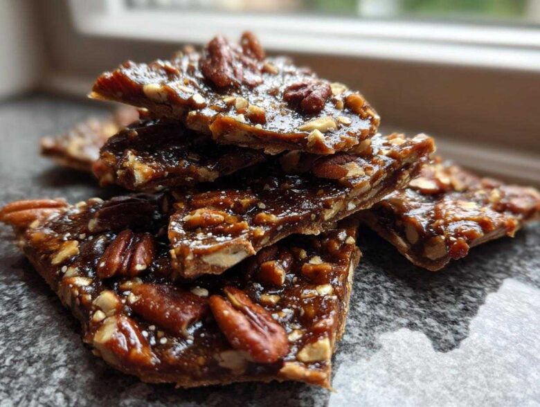 A stack of shiny, broken pieces of homemade Pecan Pie Bark, rich with pecans and caramel glaze.