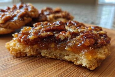 Cross-section view of a delicious pecan pie cookie showing the thick, buttery crust and gooey pecan topping.
