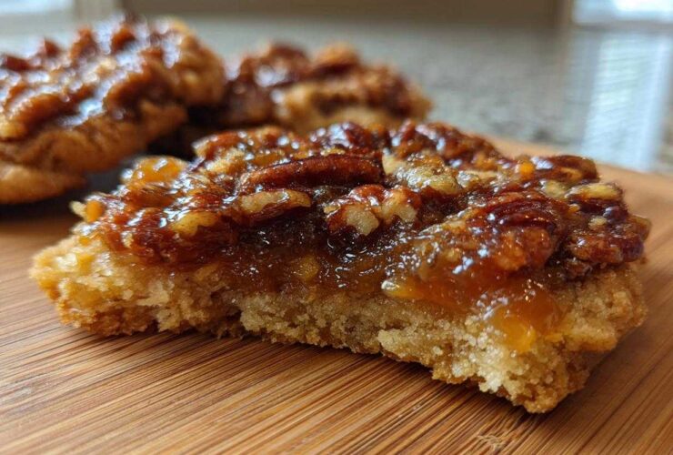 Cross-section view of a delicious pecan pie cookie showing the thick, buttery crust and gooey pecan topping.