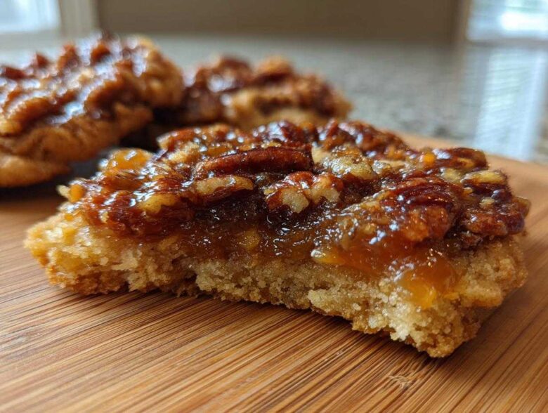 Cross-section view of a delicious pecan pie cookie showing the thick, buttery crust and gooey pecan topping.
