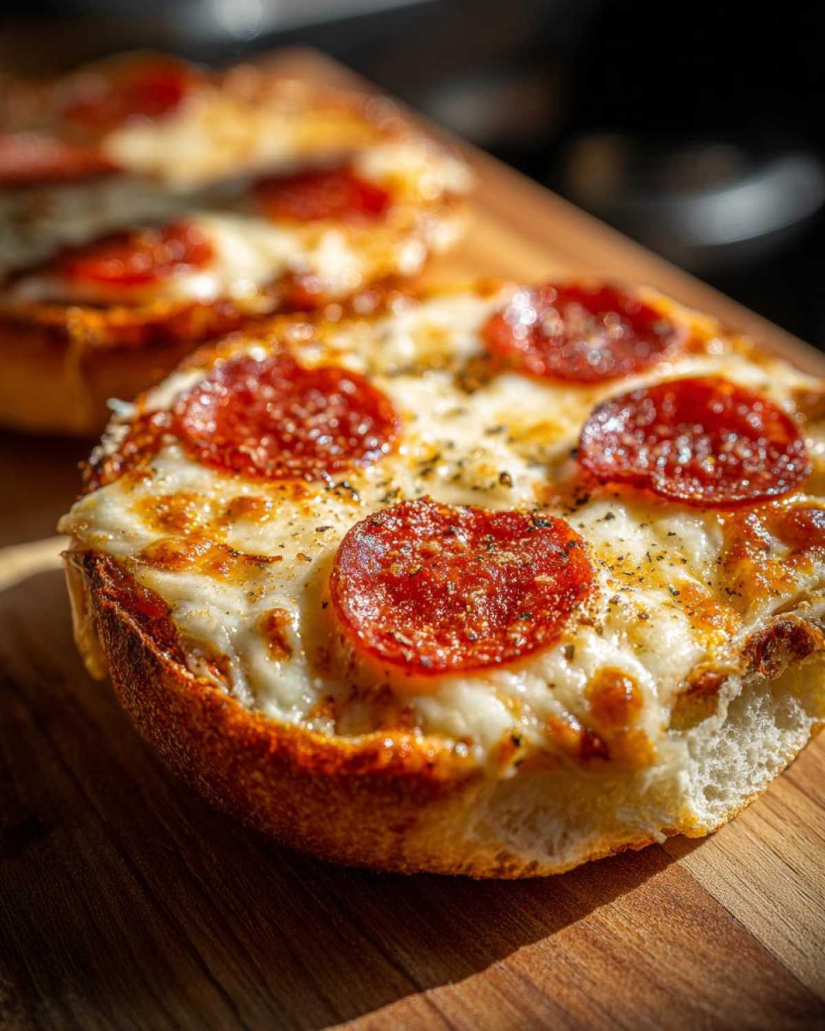 Close-up of a melted cheese and pepperoni english muffin pizza half on a wooden board.