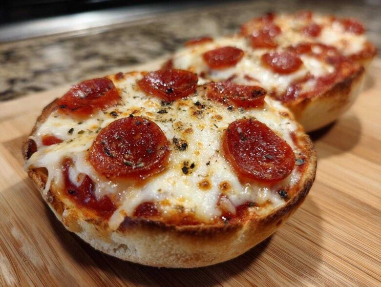 Close-up of a freshly baked pepperoni english muffin pizza topped with melted cheese and herbs.