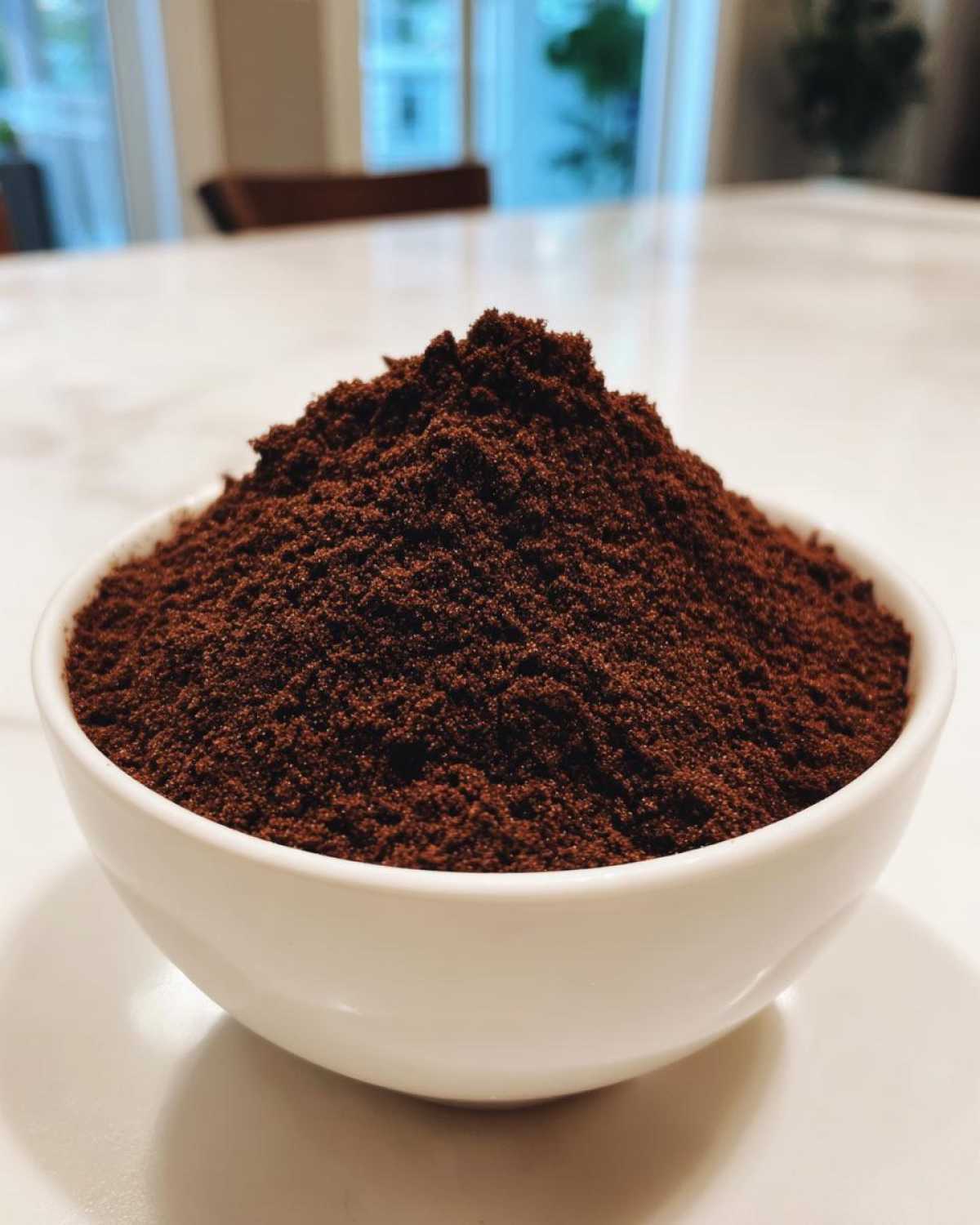 Close-up of a mound of dark brown hot cocoa mix powder filling a small white bowl.