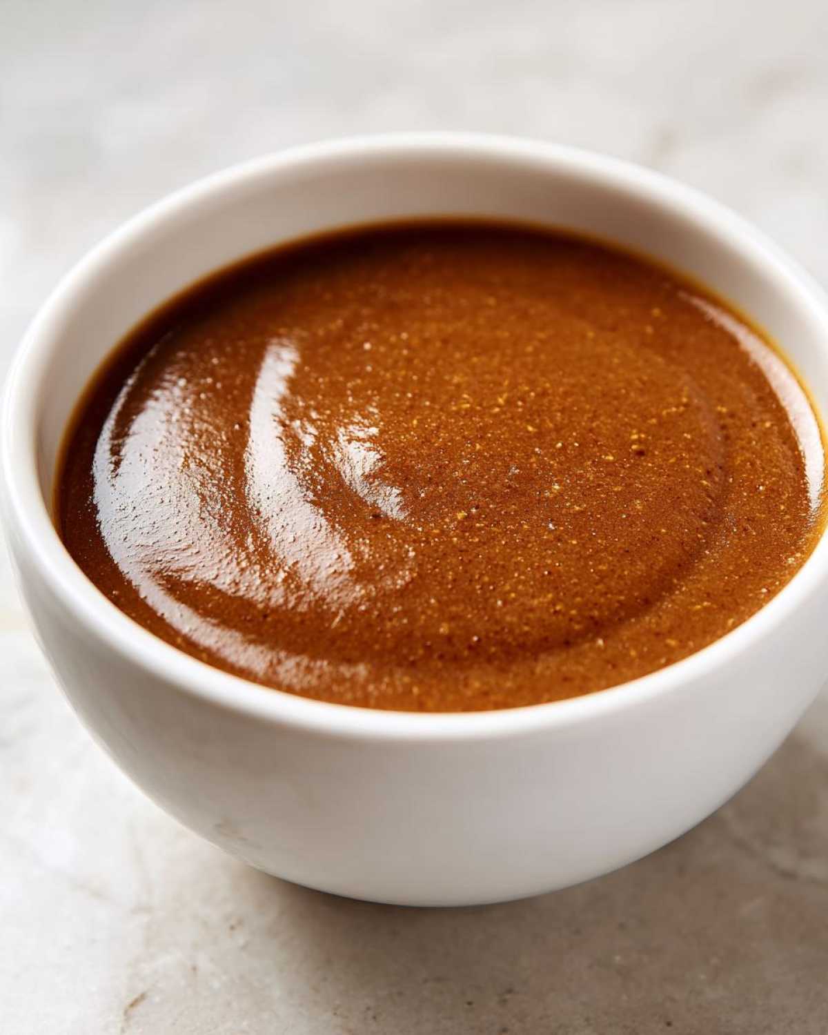 Close-up of thick, rich brown turkey gravy served in a small white bowl.