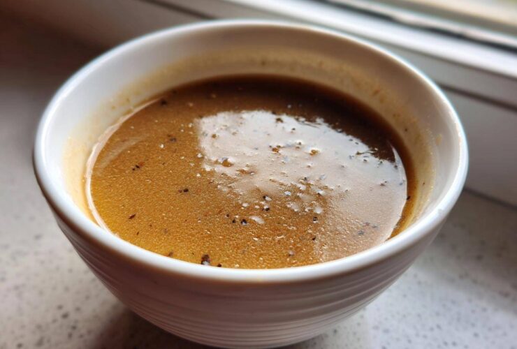Close-up of rich, brown turkey gravy seasoned with black pepper in a small white bowl.