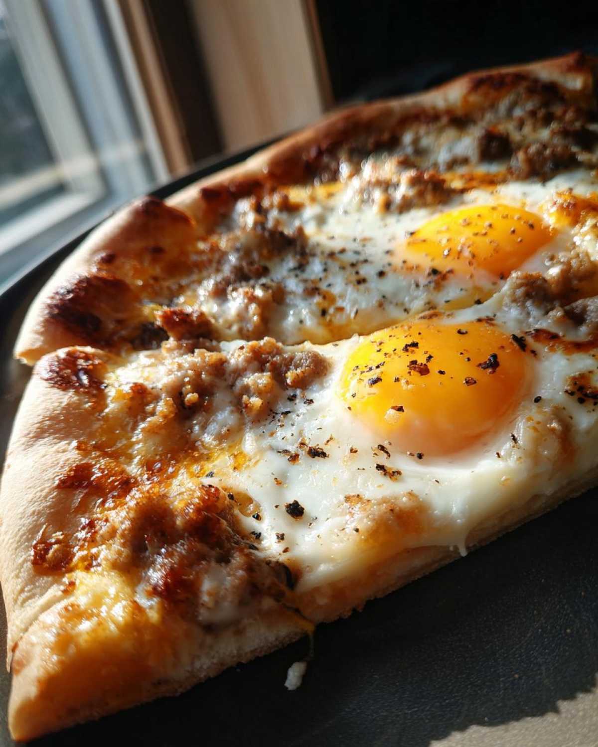 A close-up slice of sausage gravy breakfast pizza topped with two sunny-side-up eggs and cracked pepper.