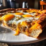 Close-up of a slice of sausage gravy breakfast pizza topped with melted cheese and sunny-side up eggs.