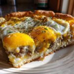 A close-up slice of sausage gravy breakfast pizza topped with runny sunny-side-up eggs and herbs.