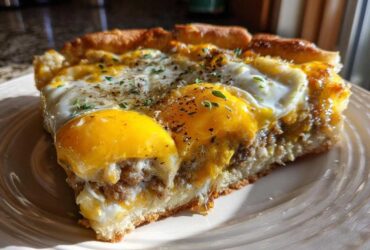 A close-up slice of sausage gravy breakfast pizza topped with runny sunny-side-up eggs and herbs.