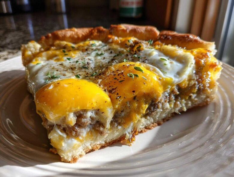 A close-up slice of sausage gravy breakfast pizza topped with runny sunny-side-up eggs and herbs.