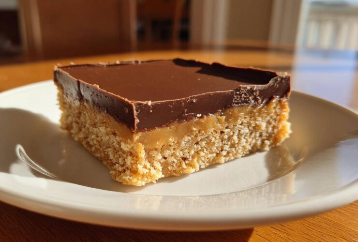 A single square of three-layer lunch lady peanut butter bars with a crumbly base, caramel layer, and chocolate topping.