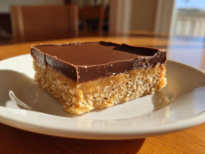 A single square of three-layer lunch lady peanut butter bars with a crumbly base, caramel layer, and chocolate topping.