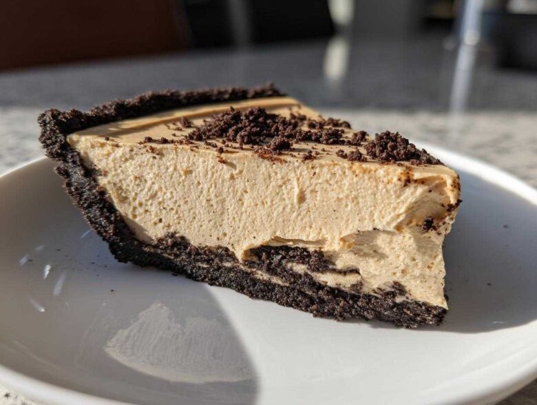 A close-up slice of amazing peanut butter pie featuring a thick, creamy filling and a dark chocolate crumb crust.
