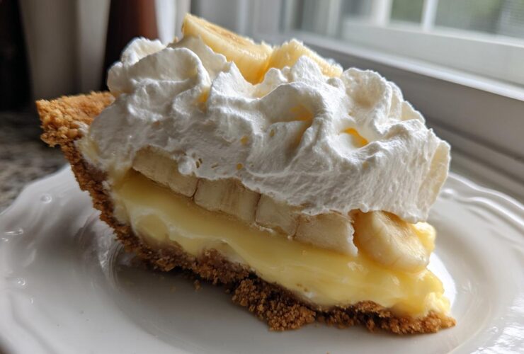 A close-up slice of banana cream pie featuring a graham cracker crust, thick vanilla custard, banana slices, and a generous topping of whipped cream.