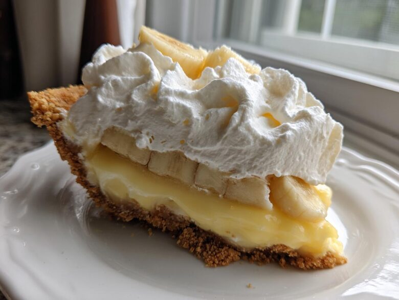 A close-up slice of banana cream pie featuring a graham cracker crust, thick vanilla custard, banana slices, and a generous topping of whipped cream.