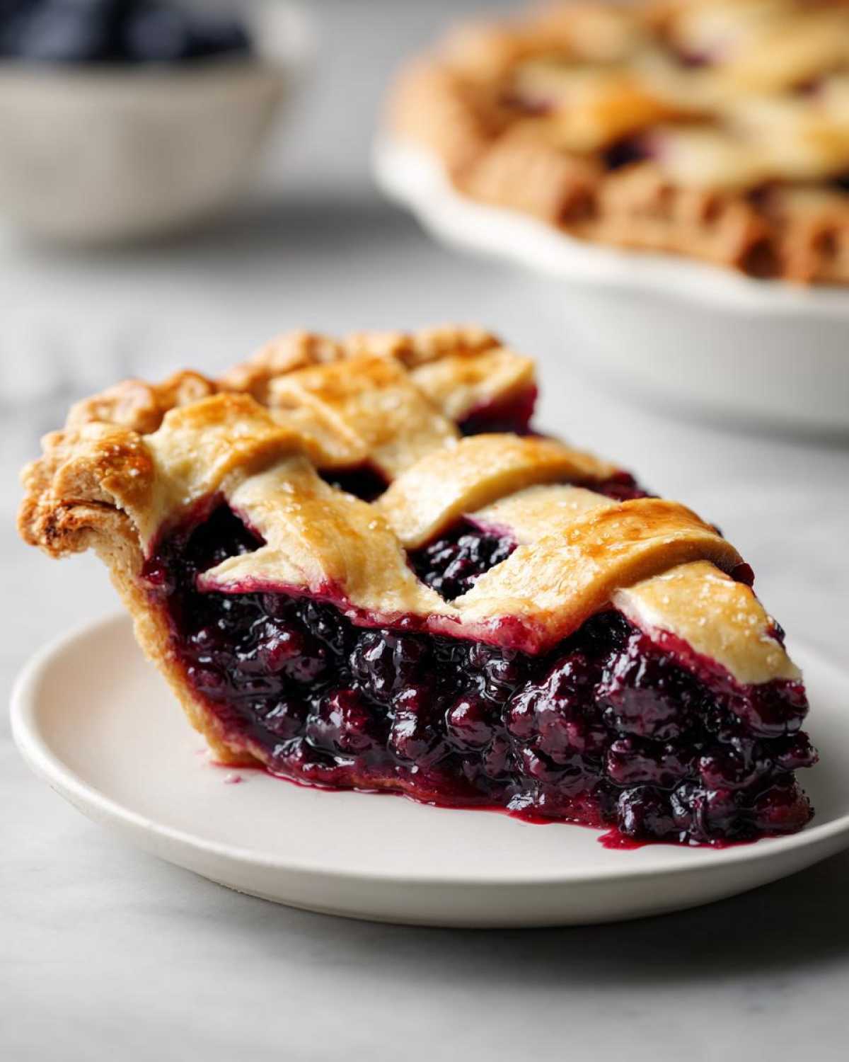 A close-up of a thick slice of blackberry pie with a juicy filling and golden lattice crust on a white plate.