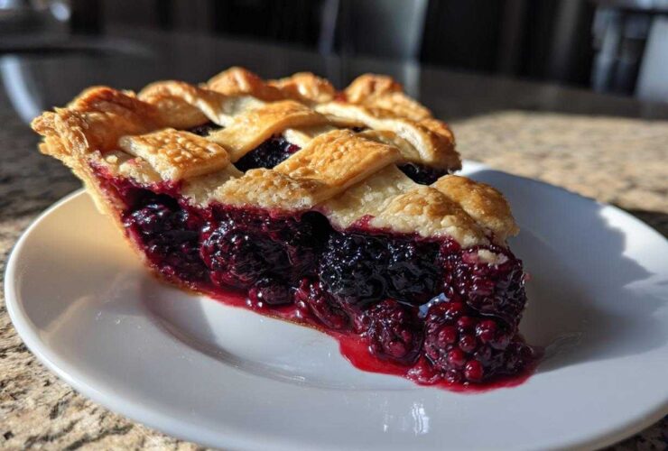 A delicious slice of blackberry pie featuring a thick, juicy filling and a golden lattice crust, sitting on a white plate.