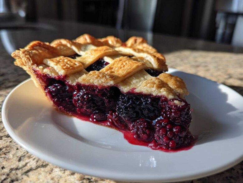 A delicious slice of blackberry pie featuring a thick, juicy filling and a golden lattice crust, sitting on a white plate.