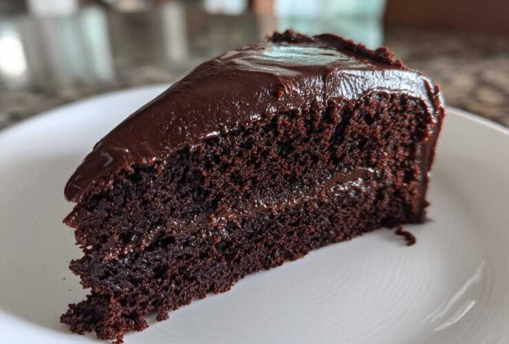 Close-up of a moist slice of chocolate fudge cake with thick, glossy dark chocolate frosting on a white plate.
