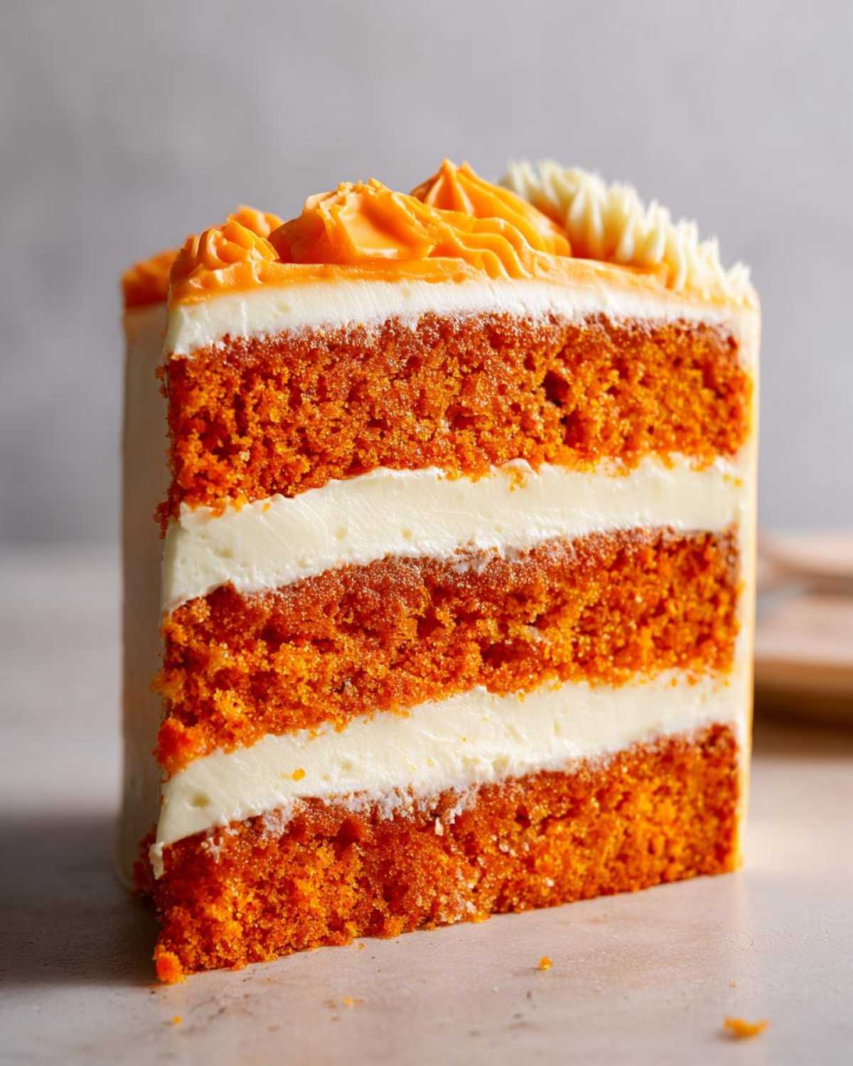 A tall slice of Creamsicle Cake showing three layers of bright orange cake separated by thick white frosting layers.