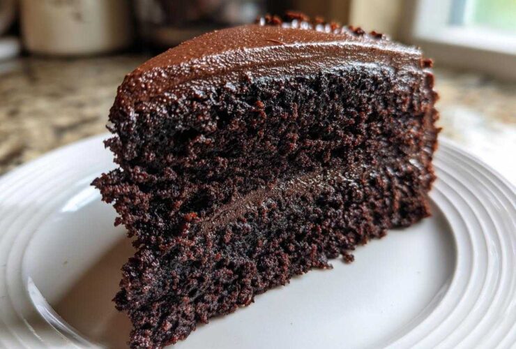 Close-up of a rich, dark slice of homemade chocolate cake layered and topped with glossy chocolate frosting.