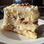 Close-up of a rich slice of no bake christmas tree cheesecake with creamy frosting and red/brown filling layers.