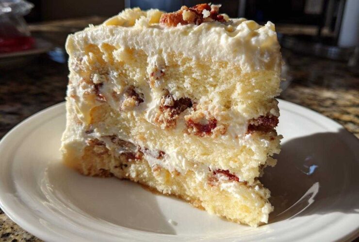 Close-up of a rich slice of no bake christmas tree cheesecake with creamy frosting and red/brown filling layers.