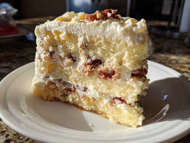 Close-up of a rich slice of no bake christmas tree cheesecake with creamy frosting and red/brown filling layers.