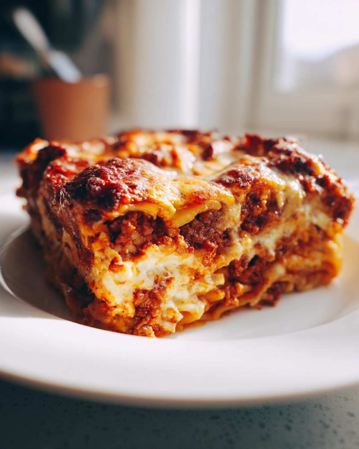 Close-up of a thick, cheesy slice of spaghetti pie with rich meat sauce on a white plate.