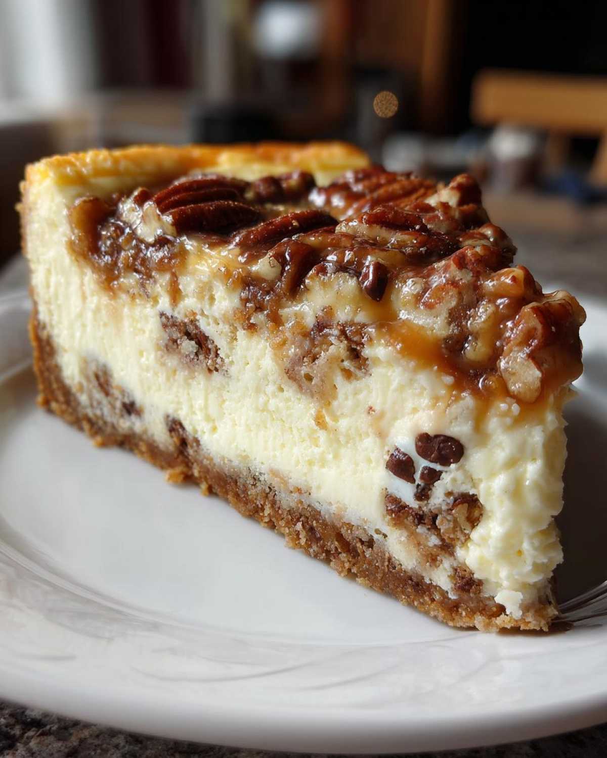 A close-up of a rich slice of turtle cheesecake topped with gooey caramel and whole pecans.