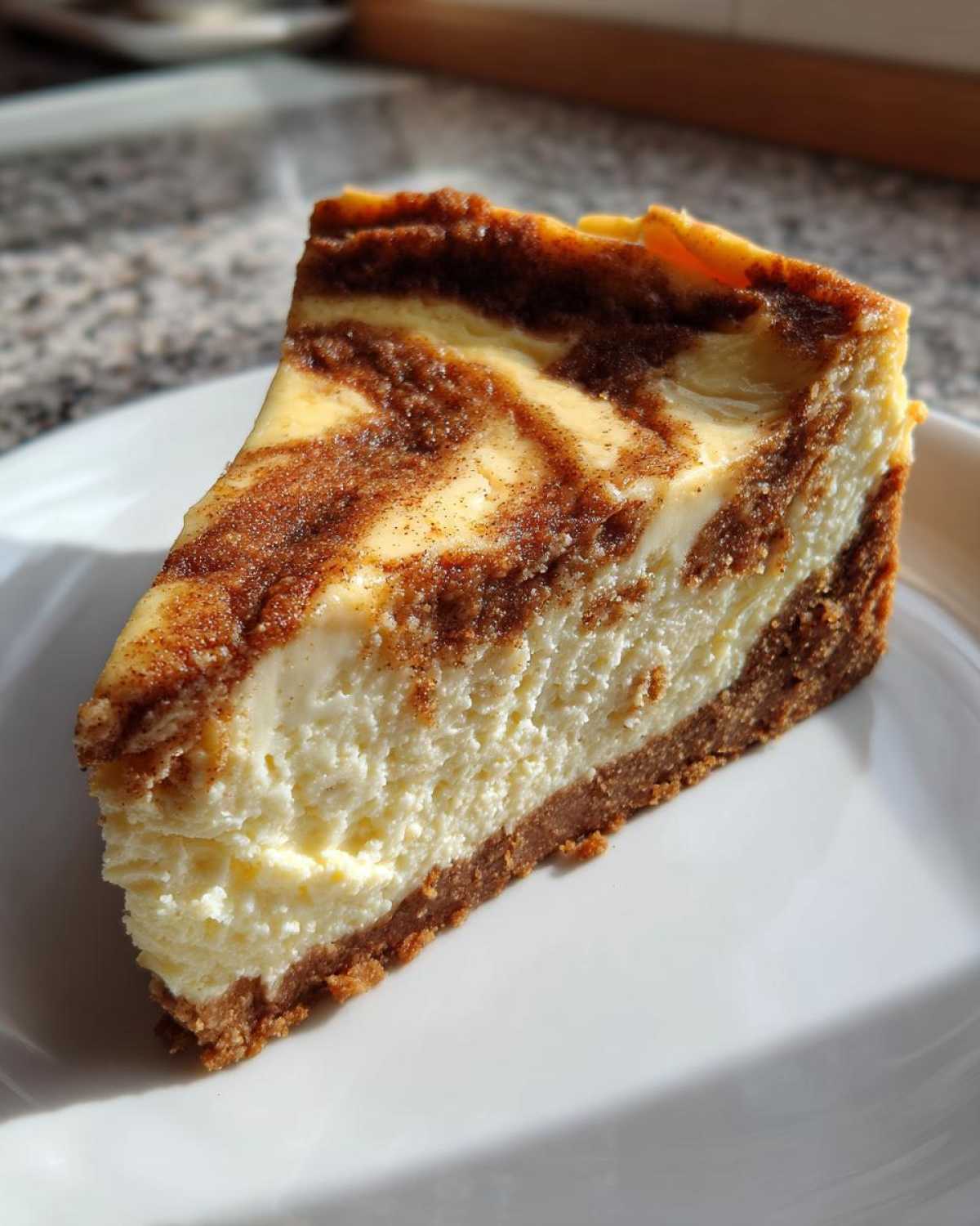 A close-up slice of creamy snickerdoodle cheesecake showing a thick graham cracker crust and a cinnamon-swirled top.